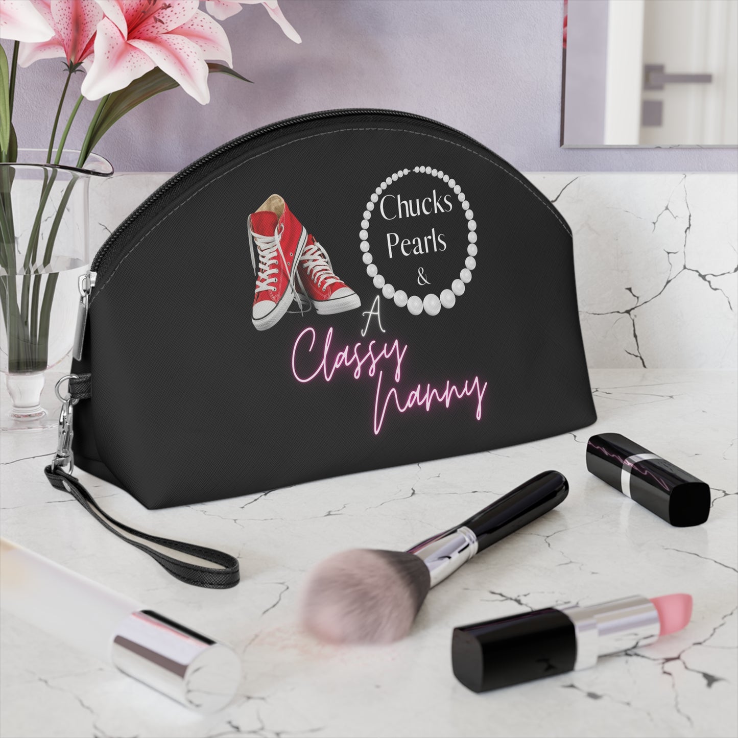 "Chucks, Pearls, and a Classy Nanny" Makeup Bag