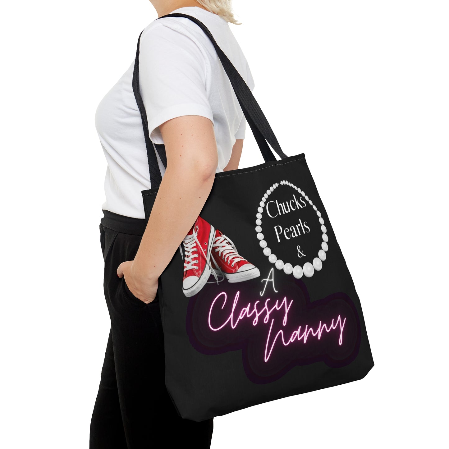 "Chucks, Pearls, and a Classy Nanny" AOP Tote Bag